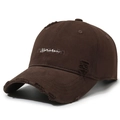 Distressed dark brown baseball cap with vintage embroidery and torn details - Adjustable / Coffee