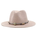 Women's straw boater hat in light beige with ethnic beaded star trim for beach sun protection - M (56-58cm) / Flesh Pink