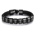 Men's double-layered black braided leather bracelet with eight custom engraved beads - Black Clasp - 8 Names