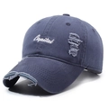 Distressed navy blue cotton baseball cap with white Capital embroidery and ripped details - Adjustable / Light Blue