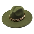Olive green wide brim felt fedora hat featuring a chunky gold metal chain link band - M(56-58cm) / Army Green