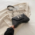 Chic black sequin crescent evening bag with silver bow clasp and metallic chain strap - Black