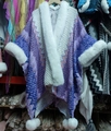 Detail of purple and white gradient knit shawl with faux fur collar and pom-poms - Purple