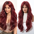 Detailed comparison of burgundy long wavy wig with bangs on model and mannequin stand - Burgundy