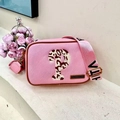Pink faux leather shoulder bag with question mark pattern and lettered wide strap - Pink