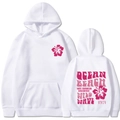 Detail of white hoodie featuring pink hibiscus print and retro Ocean Beach back graphic - S / White (Pink Print)