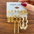 6-piece gold earring set with butterflies, pearls, and hoops on a white fashion card - Gold 6-Pair Set - Butterfly Flower