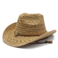 Foldable hollow straw cowboy hat with vintage metal buckle and adjustable chin strap - M (56-58cm) / Khaki