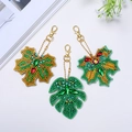 DIY diamond art leaf keychains featuring colorful rhinestones and gold metal hooks - QC005 Fresh Leaves (3pcs) Double-sided