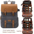 Waterproof canvas camera backpack with leather straps and 14 inch laptop compartment - Integrated Small Size / Grey Black