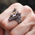 Hip hop style silver Anubis ring with gold Ankh symbol for men, antique finish - Open Adjustable / Wolf Head 5