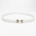 Women's elastic pearl belt with a gold rhinestone bow buckle and white faux pearls - Golden Rhinestone Bow (KL139-22)