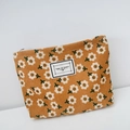 Brown corduroy cosmetic bag with white floral pattern and TIME TO PARTY label - Large / Khaki Flower