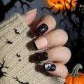 Halloween press-on nails with black heart patterns and cat motifs on pumpkin background - Black Heart Cat Spider Web Style-Glue Type (Y-422)