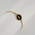 Gold-plated stainless steel bracelet featuring a round black enamel letter E pendant - Letter E / Gold/Black