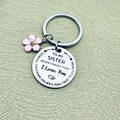 Porte-clés sœur en acier argenté avec fleur en émail rose et médaille gravée ronde - Style de citation fleur rose To My Sister (JR07)