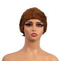 Short wavy brown pixie cut human hair wig on model with professional studio lighting - Brown