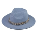 Detail of light blue straw boater hat featuring a thick gold chain decoration - Sky Blue