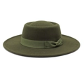 Flat top dark green wool felt boater hat with matching ribbon bow and wide brim - M (56-58cm) / Army Green