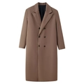 Flat lay of a long double-breasted wool coat in dark camel with notch lapels and black lining - Khaki