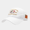Detailed side view of white baseball cap with 250th anniversary eagle embroidery - Style A Baseball Cap White