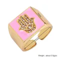 Adjustable gold copper ring with pink enamel Hamsa Hand and sparkling micro-inlaid crystals - Pink - Hamsa Hand