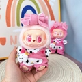 Plush doll accessory set featuring pink polka dot overalls and a pink bow headband - Polka Dot Pink Melo Jumpsuit / First And Second Generation Keychains Are Compatible With La Cloth Dolls. Dolls Not Included.