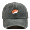 Close-up of salmon nigiri sushi embroidery on charcoal grey washed denim baseball cap - Washed Army Green
