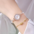 Detailed close-up of a gold quartz watch with a silver diamond-encrusted bracelet on a wrist - White