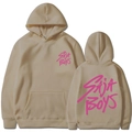 Sweat à capuche beige en coton unisexe avec imprimé graphique rose SAJA BOYS recto-verso - Chameau