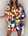 Women's V-neck casual summer dress with colorful geometric print and waist tie-belt - S / Red and Yellow
