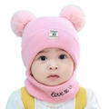 Pink knit baby beanie with double pom-poms and matching scarf featuring embroidery - One Size / Moonlight Style / Pink