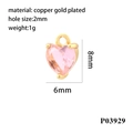 Macro detail of 18K gold plated heart pendant with pink zircon and size measurements - Gold/Pink Zirconia