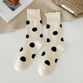 Creamy white crew socks with black polka dots and delicate lace trim cuff for women - One Size / Beige with Black Dots