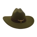Olive green felt western cowboy hat with brown leather band and golden bull head emblem - Army Green