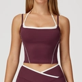 Burgunderfarbenes Yoga-Set mit Halter-Sport-BH und V-Cross High-Waist-Leggings - Dunkelpurpurrot