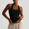 Débardeur dos nu Y2K en maille côtelée noire porté avec un pantalon en lin clair - XS / Noir