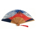 Japanese bamboo folding fan with Mount Fuji wave pattern and a red tassel accessory - Carbonized Style 89