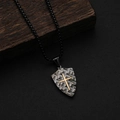 Retro shield necklace with gold cross and textured silver pendant on black bead chain - Black Gold (Black Pendant Gold Cross)