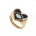 Gold adjustable ring featuring black enamel heart with a blue evil eye centerpiece - Adjustable Open / Black Heart