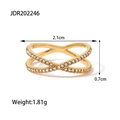 Gold plated criss-cross X ring with white zircon stones and 2.1cm outer diameter - Cross X-Shape Gold Style (JDR202246-7)