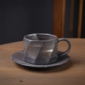 Japanese retro ceramic coffee cup and saucer set with dark grey glaze and gold brown spots - Origami Style - Gilded Bronze 220ml