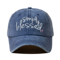 Washed blue denim baseball cap with Simply Blessed embroidery and pink cross - Adjustable / Navy Blue
