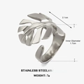 Anillo abierto de hoja de monstera en acero inoxidable plateado, diámetro de 1,7 cm - Abierto Ajustable / Color Acero