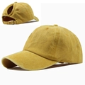 Detail of mustard yellow washed cotton ponytail baseball cap with large back opening - Adjustable / Yellow