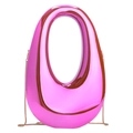 Chic pink metallic acrylic oval clutch bag with round metal handle and delicate chain strap - Pink