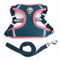 Dark green mesh pet harness and leash set with pink trim and reflective safety strips - L / Dark Green