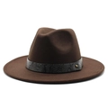Detail of dark brown wool fedora hat featuring black snakeskin band with gold metal stud - Dark Coffee