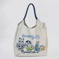 Off-white embroidered canvas tote bag featuring naughty kitty patterns and woven straps - Light Grey Teacup Cat