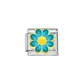 Detailed view of silver stainless steel charm link with a blue glitter enamel flower - Blue Flower Design (Y37) / Blue